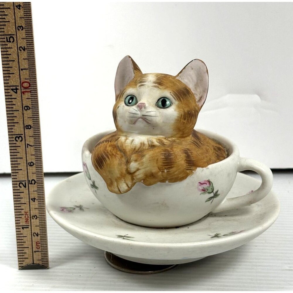 VTG Music Box Cat Figurine In Teacup With Saucer Hand-Painted Ceramic Floral Des - Picture 3 of 16